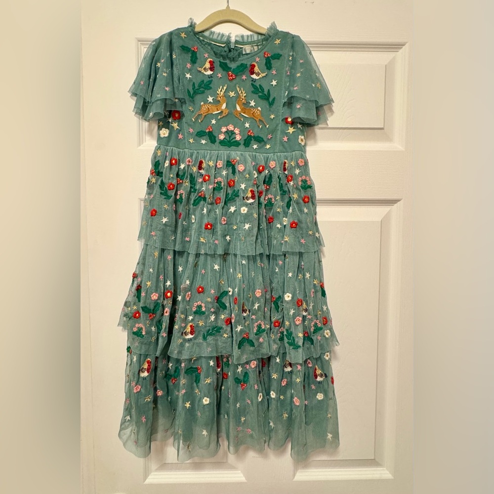 Mini Boden Green Frill Sleeve Tulle Embroidered Party Dress Size 6-7Y